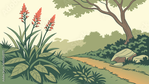 Illustrated Nature Trail with Red Flowering Plant and Lush Greenery