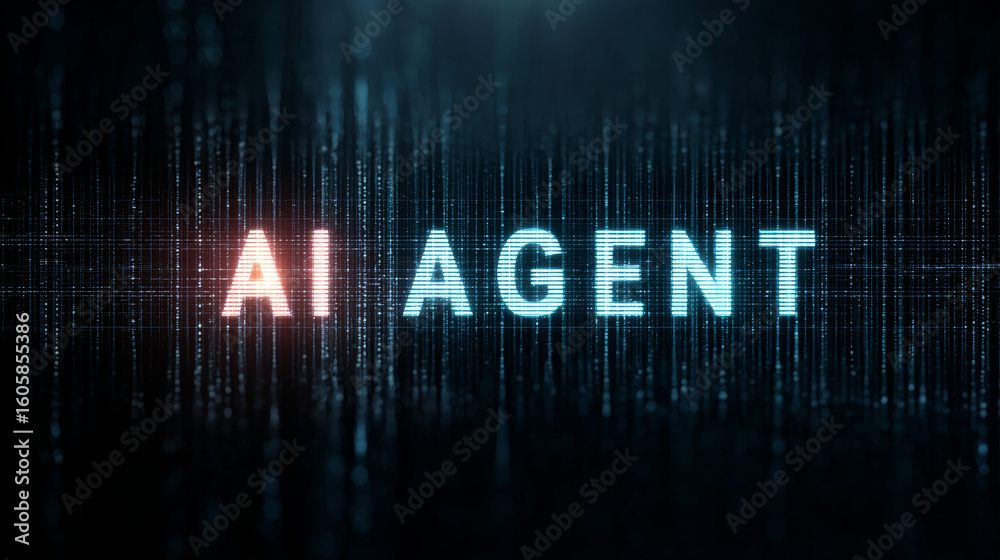 Fototapeta premium AI agent glowing text on digital background with lines and data streams, representing technology and innovation in artificial intelligence