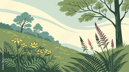 Lush Green Hillside with Wildflowers and Trees Illustration