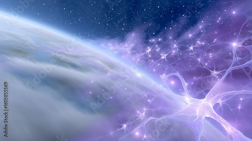 Fototapeta Naklejka Na Ścianę i Meble -  Curved Earth horizon with purple neuron-like network and glowing stars in deep space, depicting future AI, space communication, and galactic data flow visualization
