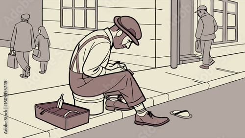 Traditional Shoe Shiner on City Street: Urban Life Illustration