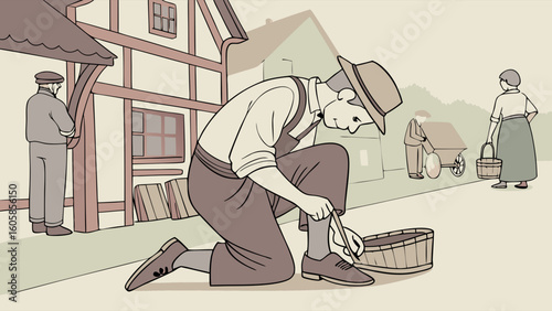 Man in vintage attire tying shoelace in a traditional village street scene, depicting historical daily life illustration