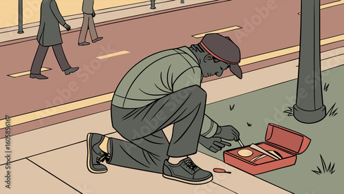 Urban street scene: Person kneeling by sidewalk with drug kit, illustrating addiction and social issues