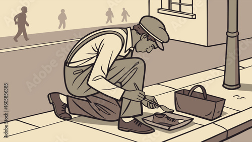 Classic Shoeshine Man Polishing Footwear on Sidewalk