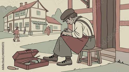 Traditional Craftsman Working Outdoors in a Village Setting with Tools