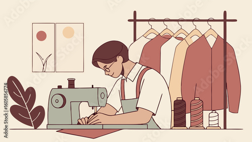 Illustration of a person sewing clothes on a machine, showcasing tailoring, fashion design, and garment creation in a studio.