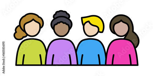 Group of people icon – colorful, diverse team of four young women. Ideal for representing community, workplace, friends, or classmates.