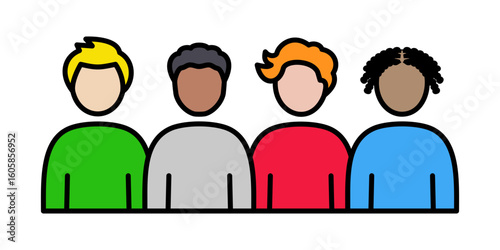 Group of people icon – colorful, diverse team of four young men hanging out together. Ideal for representing community, teamwork, workplace, friends, or classmates.