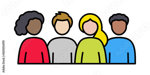 Friend group icon. A crowd of men & women socializing and hanging out together. Diversity and human relationships.
