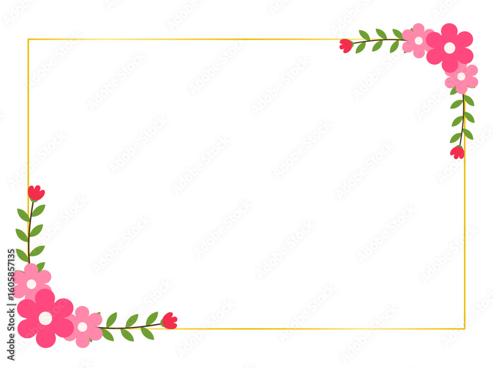 Fototapeta premium Flat Style Pink Blossom Frame with Foliage for Wedding Stationery Templates
