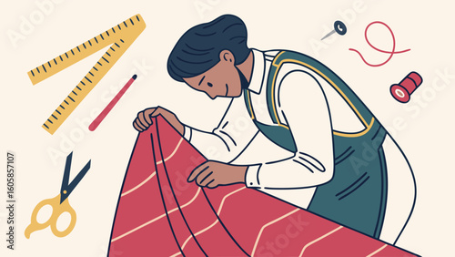 Skilled Seamstress Crafting Fabric with Sewing Tools. Creative Tailoring, Dressmaking, and DIY Hobby.
