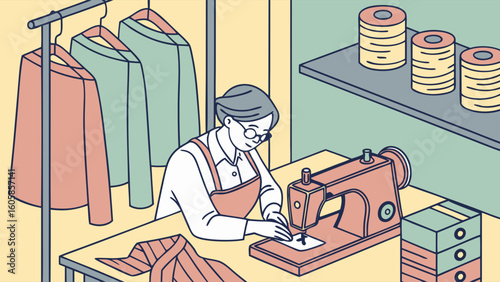 Seamstress Working at Sewing Machine in Tailoring Workshop. Isometric Illustration of Fashion Design and Garment Production.