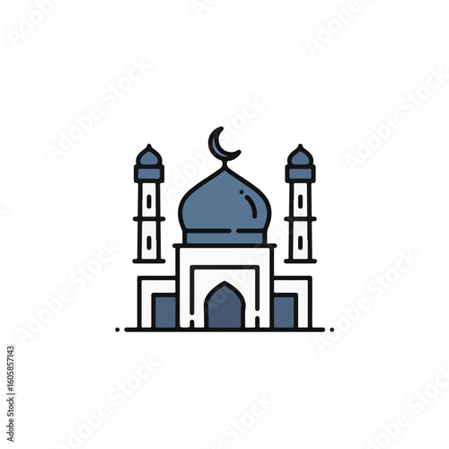 A minimalist illustration of a mosque with a crescent moon.