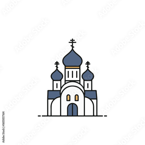 A charming illustration of a traditional church with blue domes. 