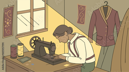 Focused artisan sewing on vintage machine in sunlit studio, creating custom garments and fashion.