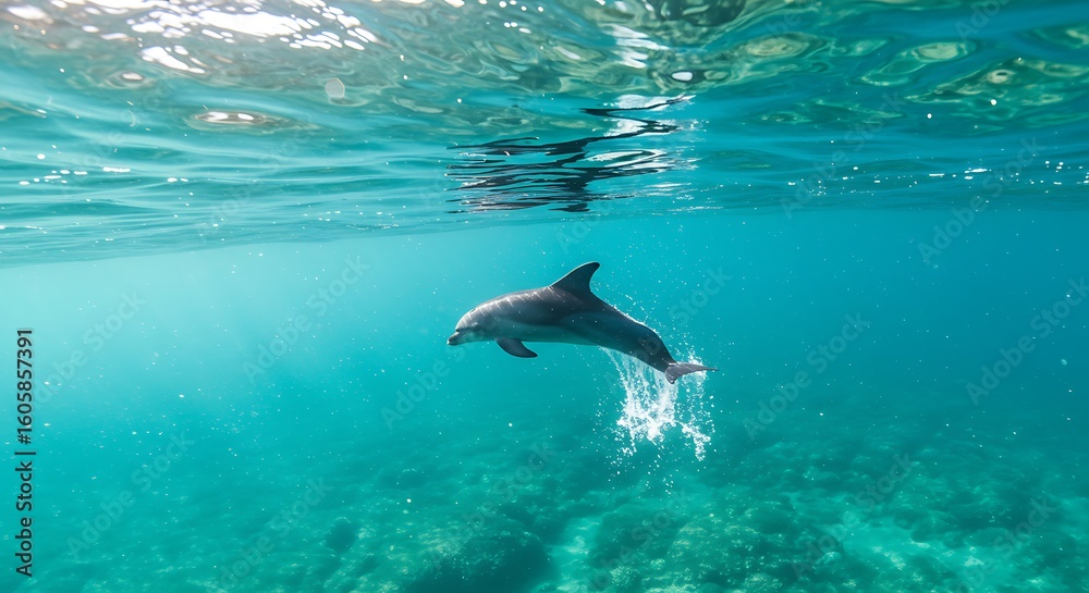 Obraz premium Bottle-nosed dolphin Tursiops truncatus jumping in mediterranean Sea in greece - Scenic beauty in Greece