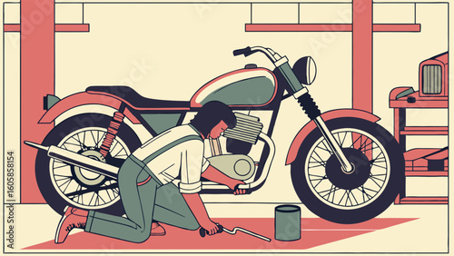 Person working on vintage motorcycle in garage. Hobbyist performing maintenance and repair on classic bike in workshop.
