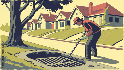 Utility Worker Clearing Storm Drain in Suburban Neighborhood Illustration