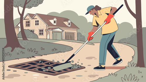 Homeowner Cleaning Storm Drain Grate Near House in Residential Area