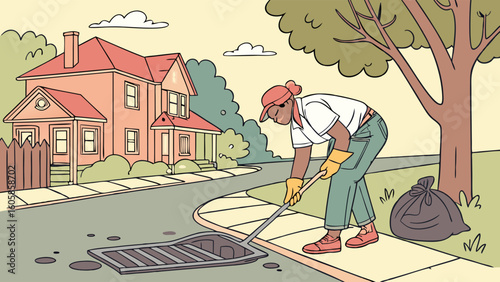 Street drain maintenance: Person cleaning storm drain on residential sidewalk, urban infrastructure care illustration