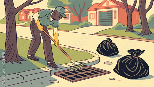 Street cleaner sweeping leaves and debris into storm drain. Urban environmental maintenance and cleanup illustration.