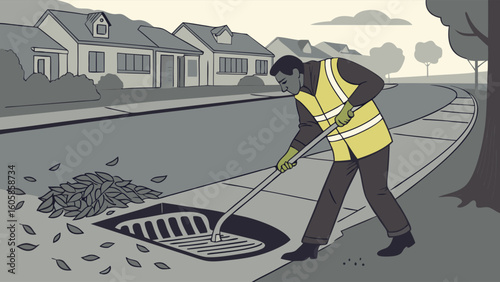 Urban maintenance worker clearing autumn leaves from storm drain on residential street