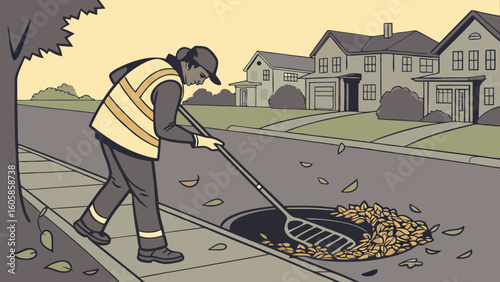 City worker clearing autumn leaves from a storm drain on a residential street