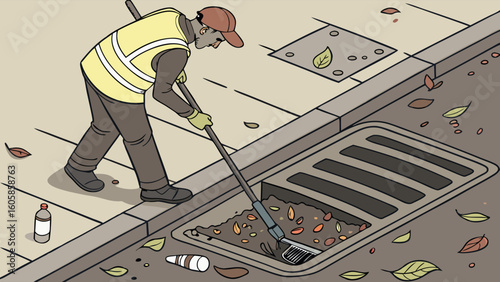 Urban Maintenance Worker Clearing Leaves and Litter from Storm Drain