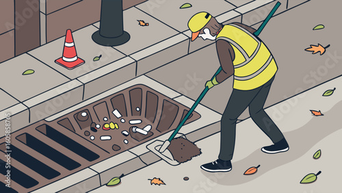 Urban sanitation worker clearing debris and leaves from a city storm drain on a street pavement