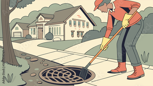 Person cleaning a storm drain on a residential street sidewalk, performing urban infrastructure maintenance and debris removal.