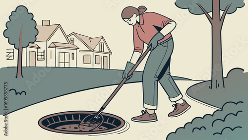 Urban Drainage System Maintenance: Person Cleaning Storm Drain in Residential Neighborhood