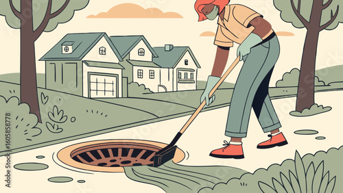 Urban Storm Drain Maintenance: Person Cleaning Debris from a Street Drain in a Residential Neighborhood for Water Flow