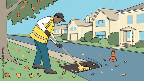 Man in safety vest raking autumn leaves from a storm drain on a suburban street. Fall street maintenance and urban cleanup.