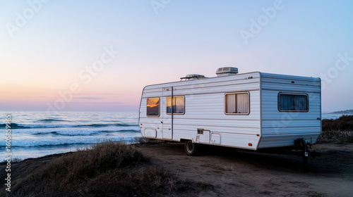 Cozy camper trailer parked by the ocean at sunset near a sandy beach