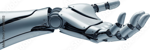 Detailed robotic arm with articulated fingers silver metallic finish complex joints and wires transparent background
