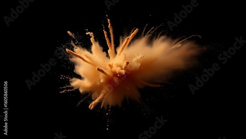 Abstract brown powder explosion in mid-air against a dark background, captured with dynamic motion.
