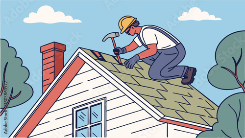 Roofer repairing house roof. Skilled worker installing shingles with hammer. Home maintenance, construction, and renovation illustration.