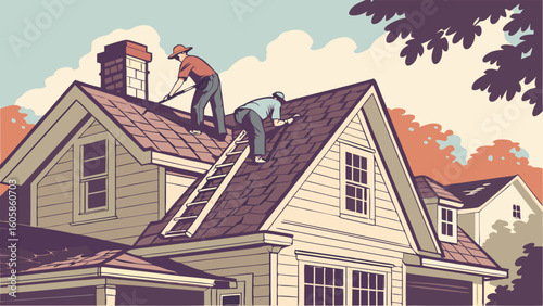 Two workers repairing a house roof with a ladder, home improvement and maintenance illustration