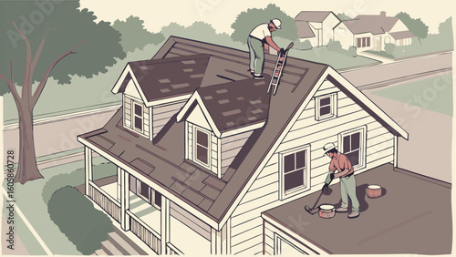 Home Roof Repair & Renovation Illustration: Two workers performing maintenance on a residential house, property improvement concept.