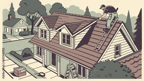 Worker on ladder repairing house roof. Residential home improvement and construction illustration.