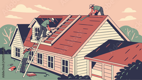Home Roof Renovation: Illustration of a construction crew working on a residential house roof, installing shingles and making repairs.