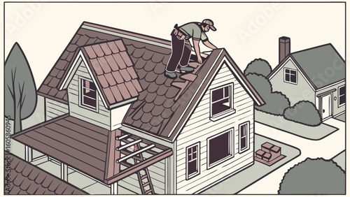 Roofer Installing Shingles on Residential House Roof. Home Repair and Construction Project Illustration.