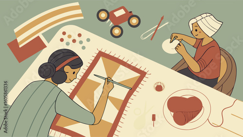 Women Engaged in Creative Hobbies and Crafting: Painting, Sewing, and DIY Art Projects. Handmade Artistic Expression