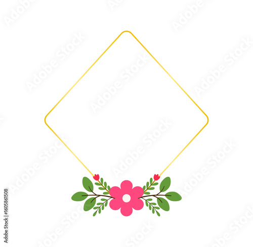 Stylish Pink Flowers and Greenery Frame in Flat Vector Style