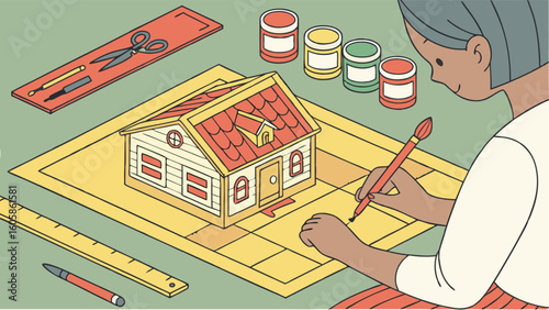 Architectural House Design and Planning Illustration with Blueprint and Art Supplies