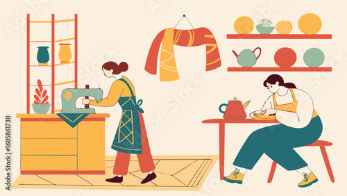 Creative Women Crafting Handmade Goods: Sewing and Pottery at Home, Hobbies and Small Business Illustration
