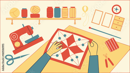 Creative Hands Crafting a Quilt with Sewing Machine and Supplies. DIY Hobby and Crafting Illustration.