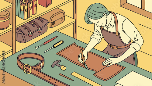 Artisan Crafting Leather Goods: Person Cutting Material with Tools in Workshop. Handmade Production & Traditional Craft.