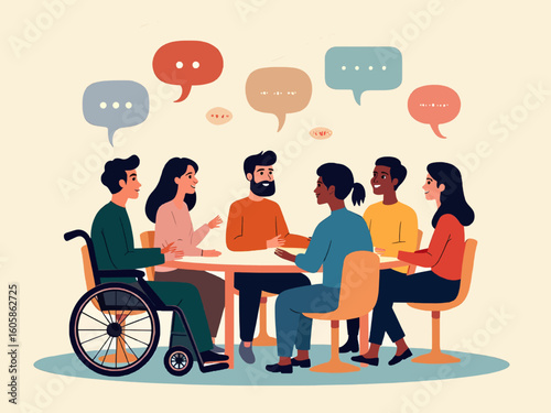 A group of people sitting around a table, one of whom is in a wheelchair