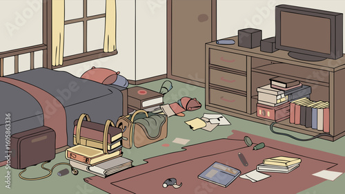 Cluttered Bedroom Illustration: Disorganized Room with Books, Clothes, and Electronics. Messy Interior Scene.